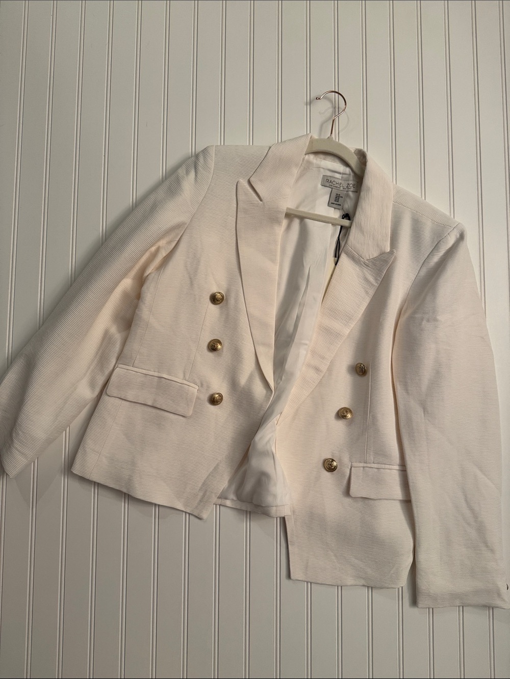 NWT Rachel Zoe Textured Double Breasted Ivory Blazer Gold Button Jacket Women’s